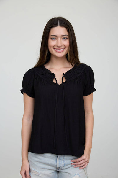 RUFFLED BOAT NECK FRONT TIE PUFF SLEEVE TOP