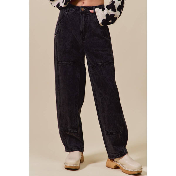 MINERAL WASHED MID RISE BARREL SHAPE PANTS