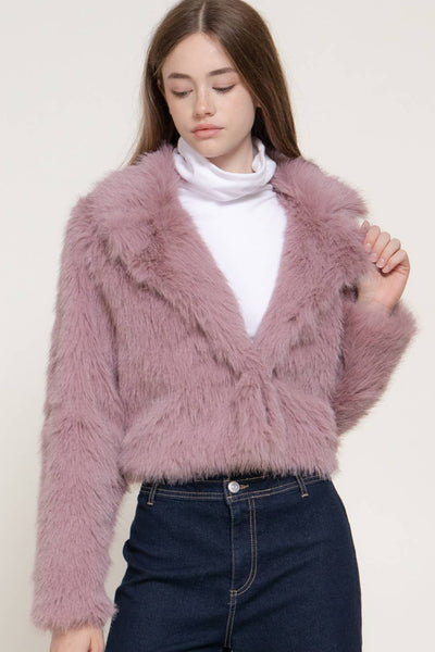 Long Sleeve Notched Collar Faux Fur Cropped Jacket