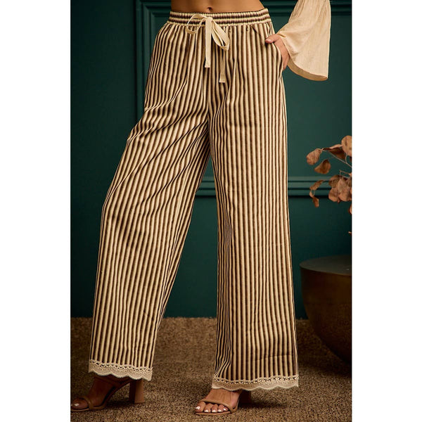 TWIILL STRIPE BANDING WAIST LACE TRIM HEM PANTS