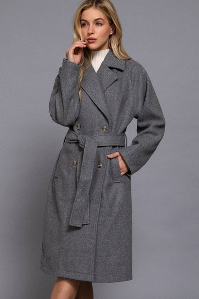 Long Sleeve Double Breasted Button Soft Felt Trench Coat