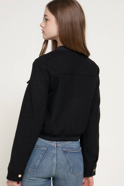 Long Sleeve Crew Neck Felt Jacket with Pocket Flap Detail