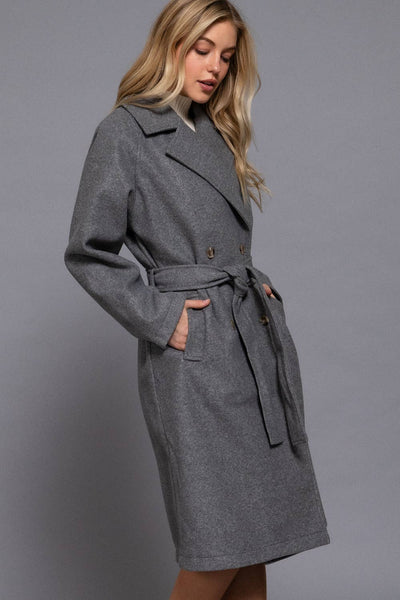 Long Sleeve Double Breasted Button Soft Felt Trench Coat