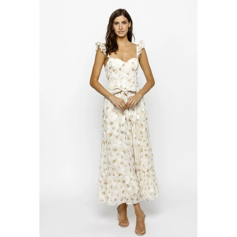Storia Tiny Roses Print Corset Ruffled Midi Dress