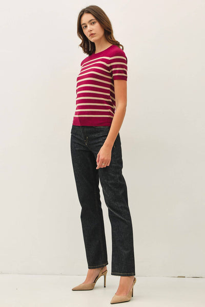 CLASSIC CUT STRIPED SHORTSLEEVE SWEATER TOP