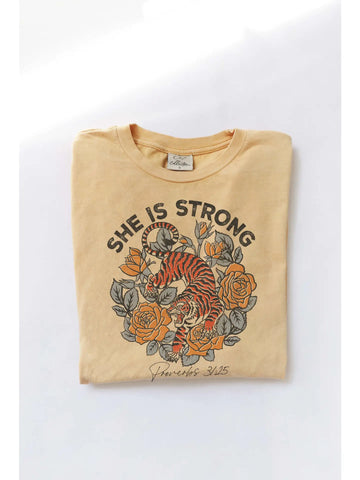 Oat Collective She Is Strong Proverbs 31:25 Mineral Washed Graphic Top