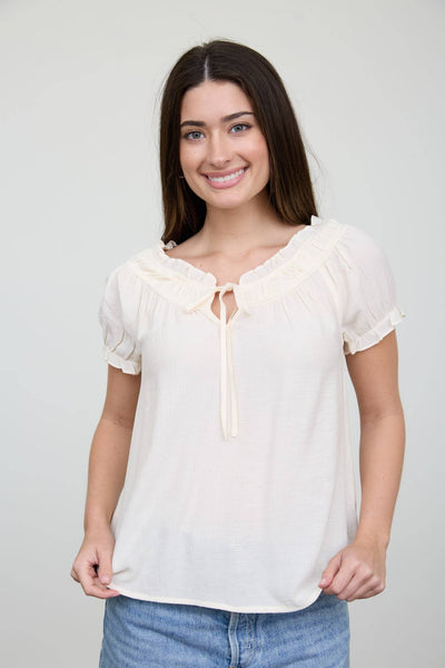 RUFFLED BOAT NECK FRONT TIE PUFF SLEEVE TOP