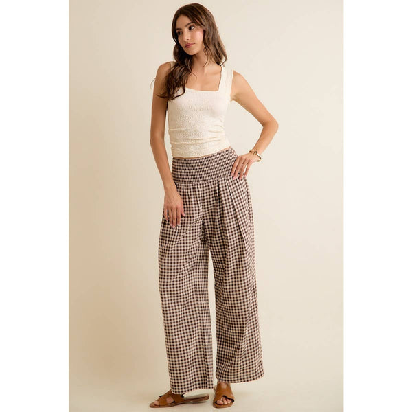 GINGHAM SMOCKED WAIST WIDE LEG PANTS