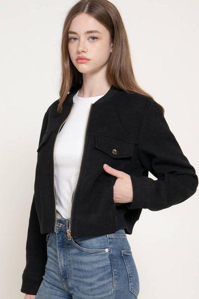 Long Sleeve Crew Neck Felt Jacket with Pocket Flap Detail