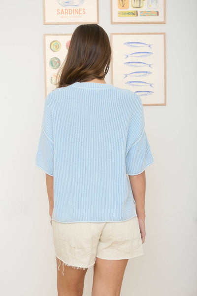 WASHED CREW NECK RAW EDGE SHORT SLEEVE SWEATER