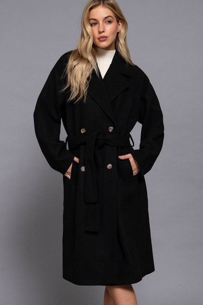 Long Sleeve Double Breasted Button Soft Felt Trench Coat