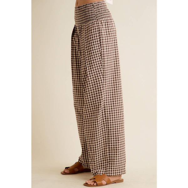 GINGHAM SMOCKED WAIST WIDE LEG PANTS