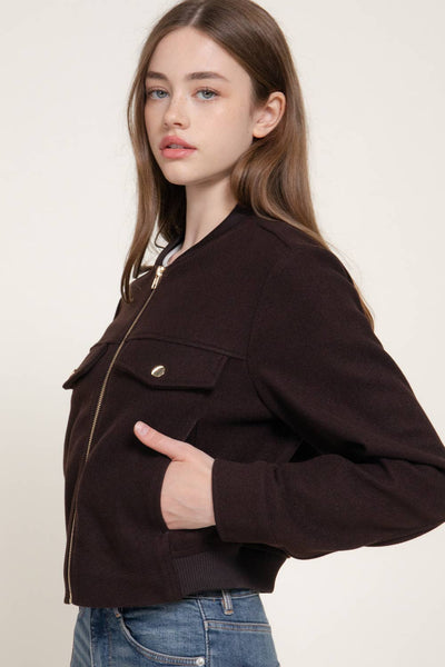 Long Sleeve Crew Neck Felt Jacket with Pocket Flap Detail