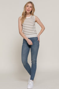 Active Basic Sleeveless Round Neck Stripe Spring Sweater- Ivory/Olive