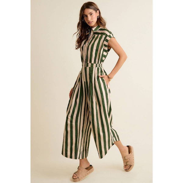 SLEEVELESS WIDRE LEG WIDE STRIPE JUMPSUIT