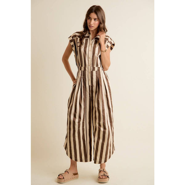 SLEEVELESS WIDRE LEG WIDE STRIPE JUMPSUIT