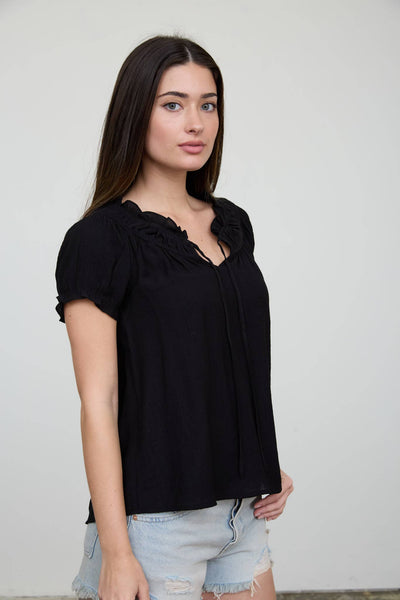 RUFFLED BOAT NECK FRONT TIE PUFF SLEEVE TOP