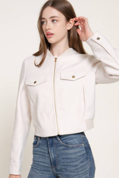 Long Sleeve Crew Neck Felt Jacket with Pocket Flap Detail