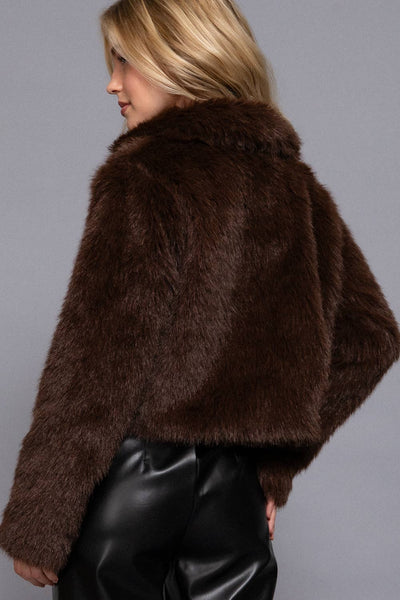 Long Sleeve Notched Collar Faux Fur Cropped Jacket