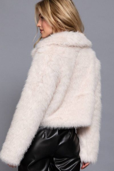 Long Sleeve Notched Collar Faux Fur Cropped Jacket