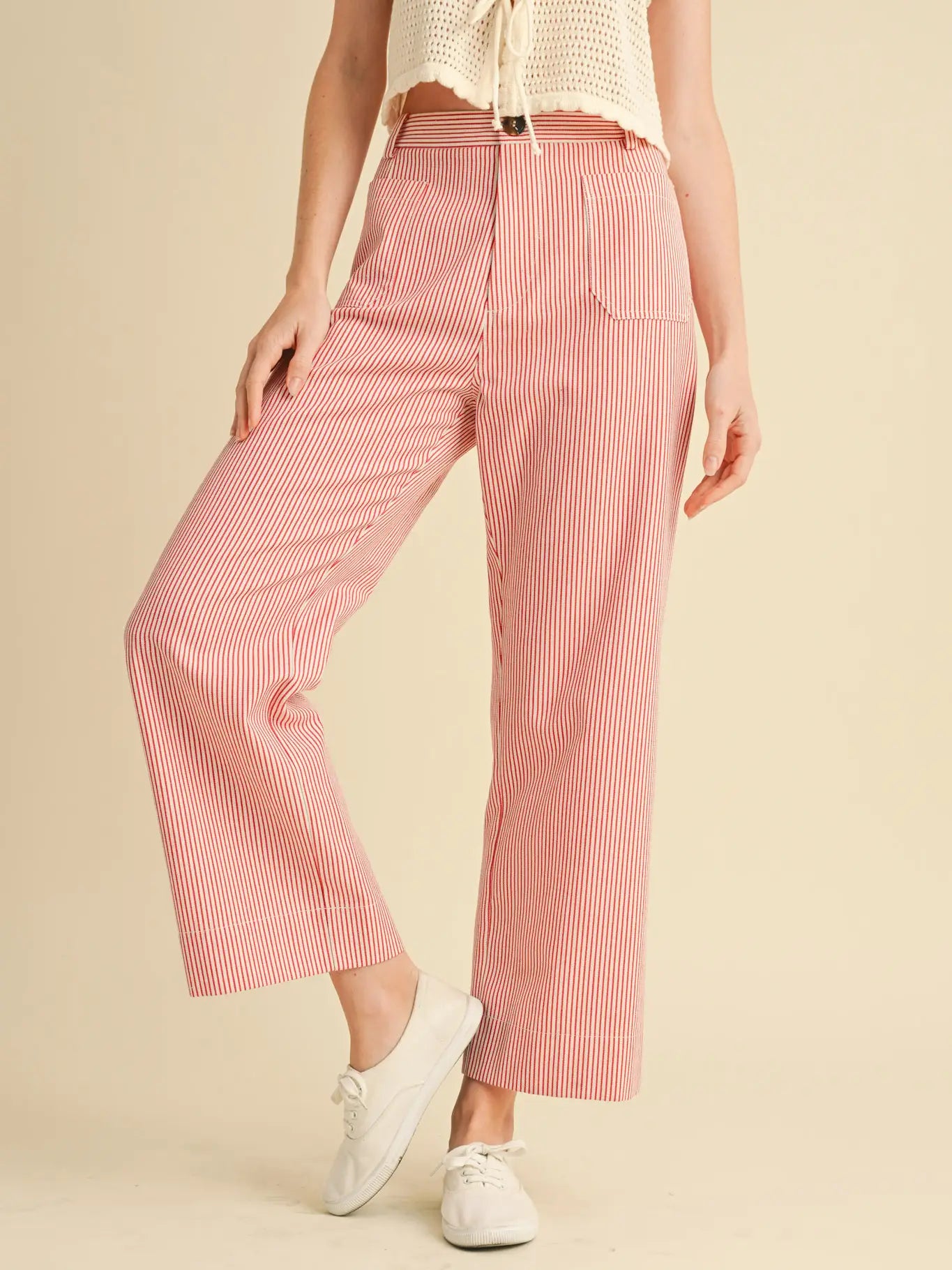 Merci Stripped High Waist Wide Leg Pants- Red