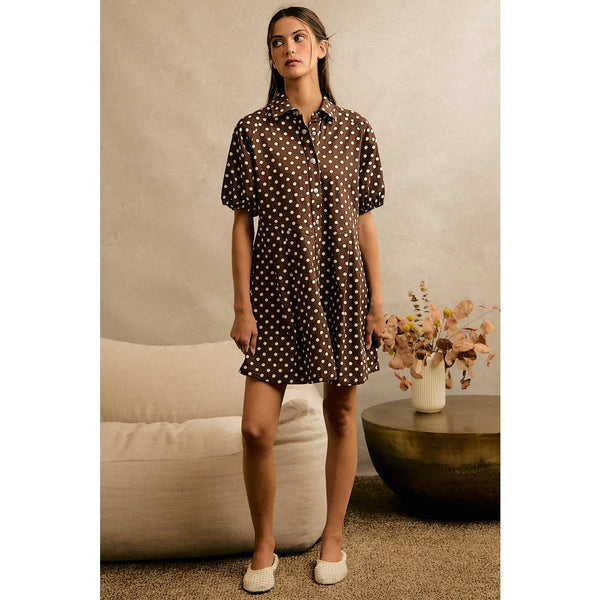 POLKA DOT TWILL PUFF-SLEEVE MINI DRESS