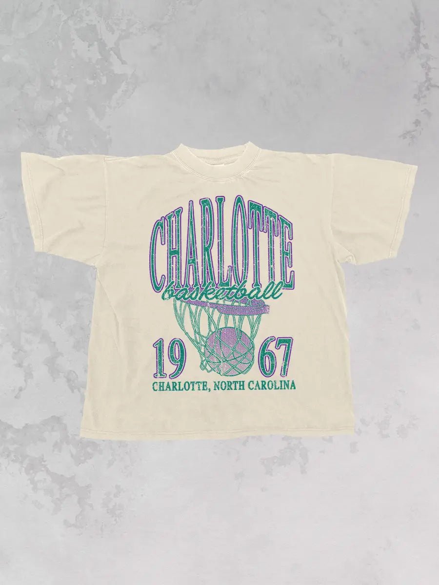 90's Vintage Charlotte Basketball Oversized Tshirt- Ivory
