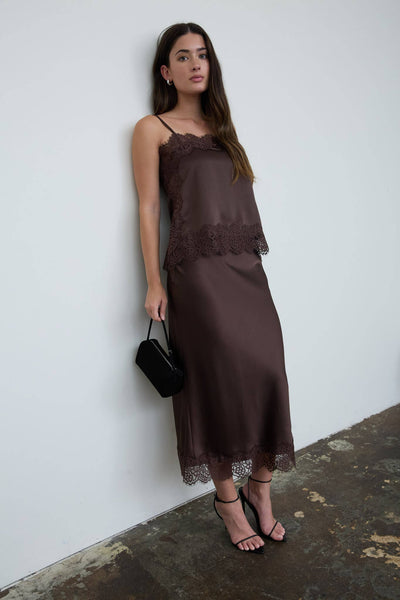 SATIN LACE HEM BACK SLIT PENCIL MIDI SKIRT (PRE-ORDER)