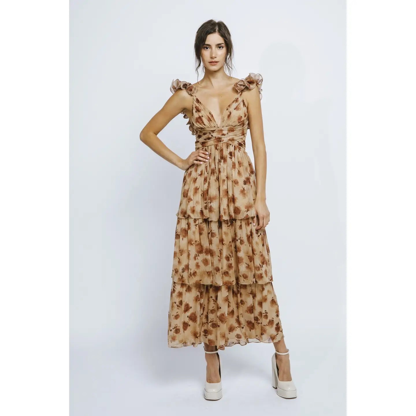 Storia Brown Rose and Lurex Stripes Ruffled Maxi Dress