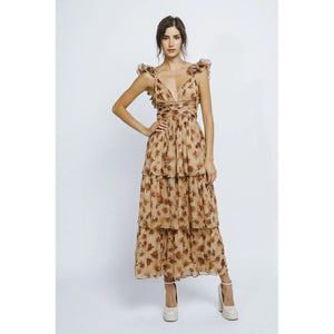 Storia Brown Rose and Lurex Stripes Ruffled Maxi Dress