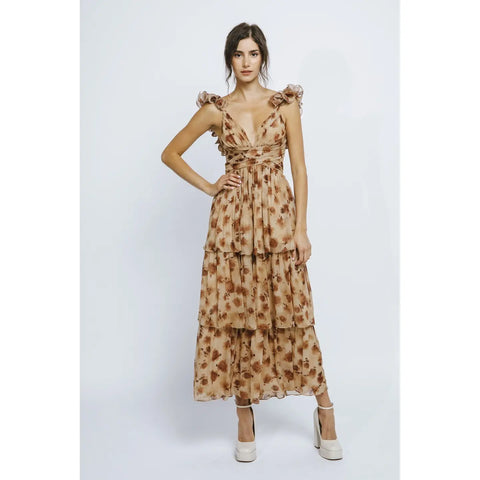 Storia Brown Rose and Lurex Stripes Ruffled Maxi Dress