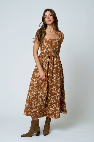 FLORAL TOILE SLEEVELESS FRONT HOOK MIDI DRESS