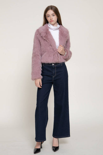 Long Sleeve Notched Collar Faux Fur Cropped Jacket