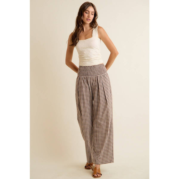 GINGHAM SMOCKED WAIST WIDE LEG PANTS