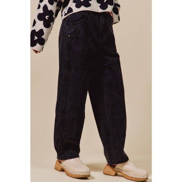 MINERAL WASHED MID RISE BARREL SHAPE PANTS