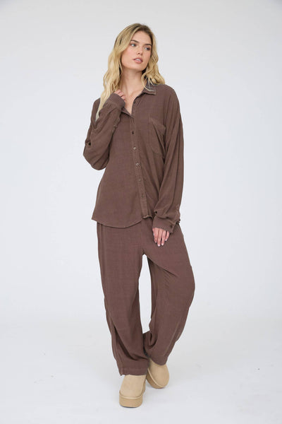 CRINKLE PLISSE COLLARED LONG SLEEVE BUTTON DOWN