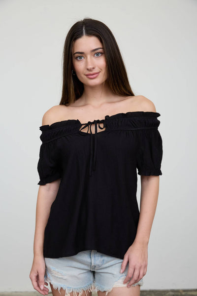 RUFFLED BOAT NECK FRONT TIE PUFF SLEEVE TOP