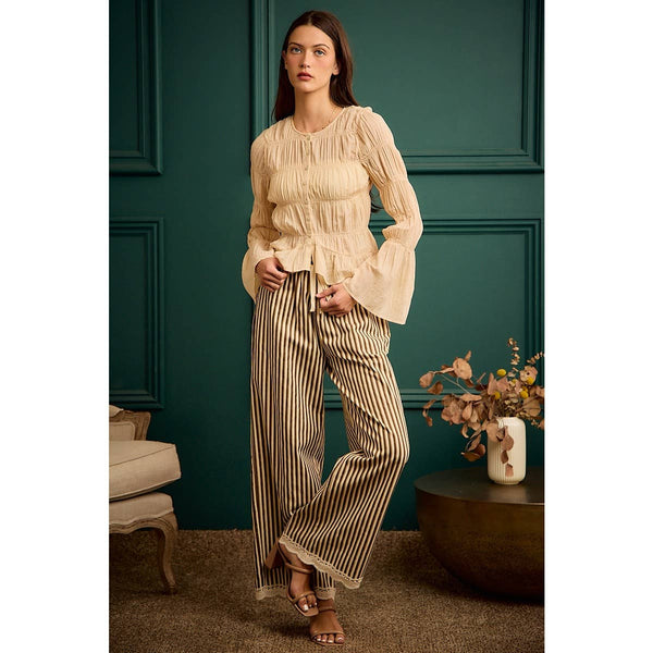TWIILL STRIPE BANDING WAIST LACE TRIM HEM PANTS