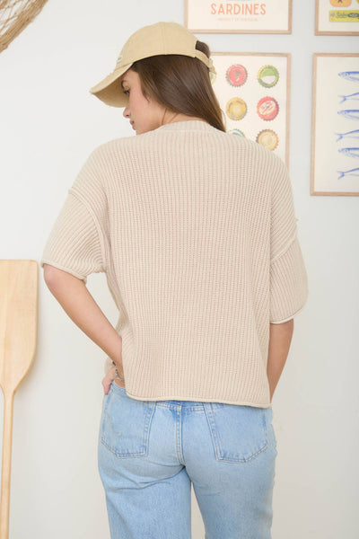 WASHED CREW NECK RAW EDGE SHORT SLEEVE SWEATER