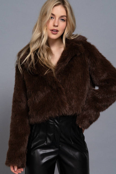 Long Sleeve Notched Collar Faux Fur Cropped Jacket