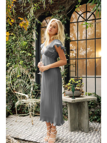 Endless Blu V-Neck Flutter Sleeve Pleated Midi Dress- Gray