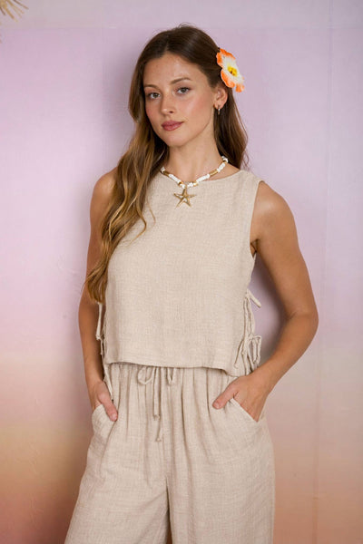 TEXTURED SIDE TIE SLEEVELESS CROP TOP