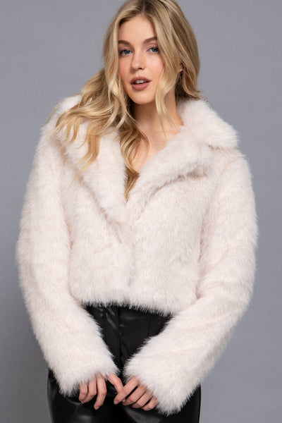 Long Sleeve Notched Collar Faux Fur Cropped Jacket