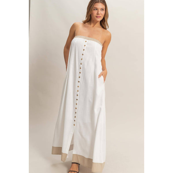 Strapless Button-Front Maxi Dress