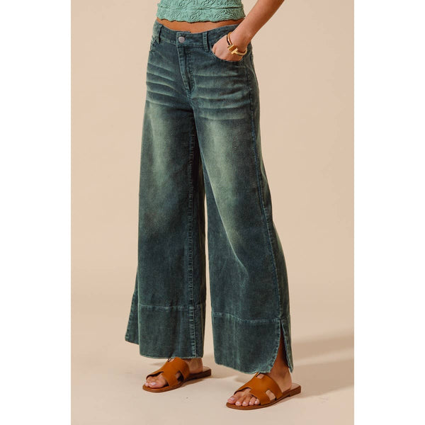 WIDE LEG FLARED WASHED CORDUROY PANTS