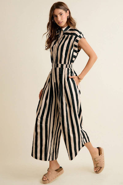 SLEEVELESS WIDRE LEG WIDE STRIPE JUMPSUIT