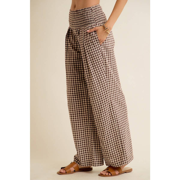 GINGHAM SMOCKED WAIST WIDE LEG PANTS