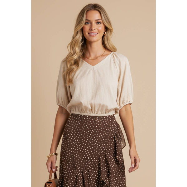 Elastic Puff Sleeve V-neck Blouse
