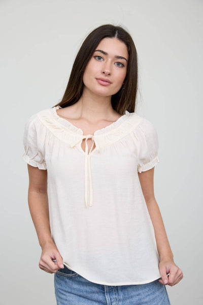 RUFFLED BOAT NECK FRONT TIE PUFF SLEEVE TOP