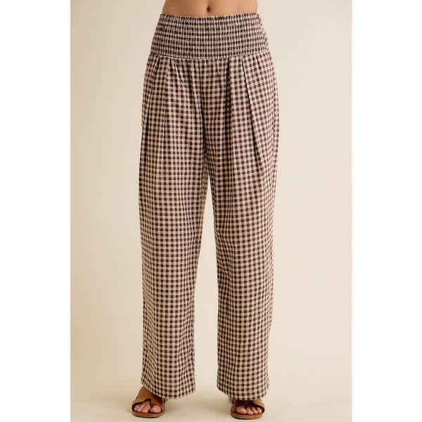 GINGHAM SMOCKED WAIST WIDE LEG PANTS